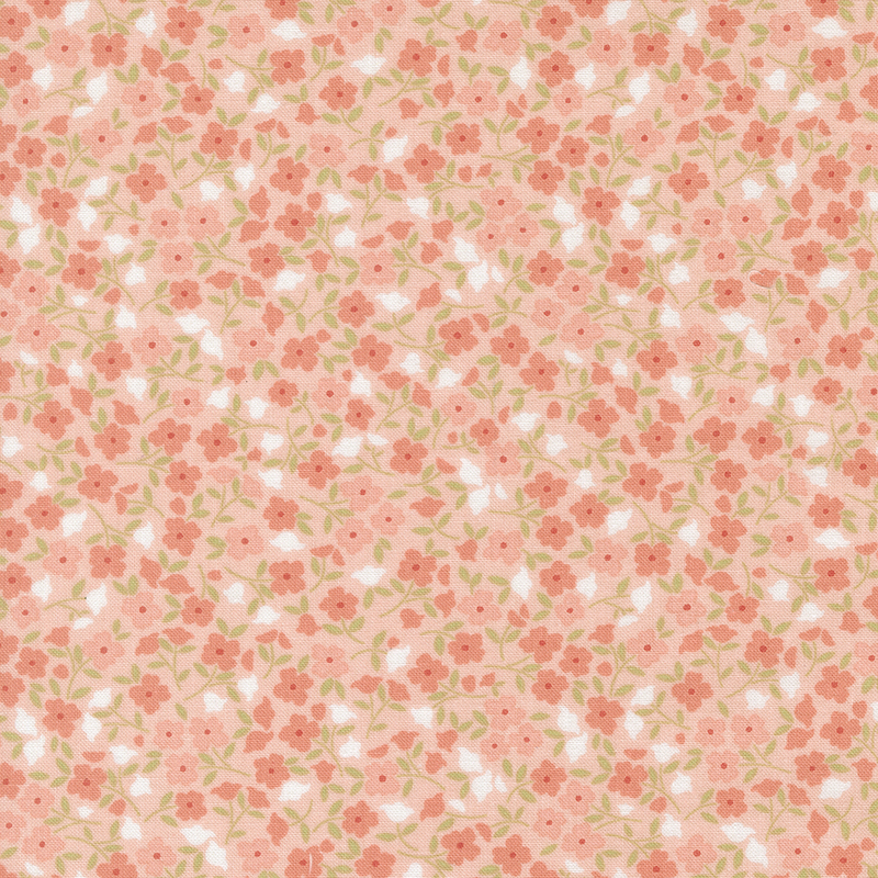 Coral pink fabric with a packed design of pink, coral, and cyan flowers.