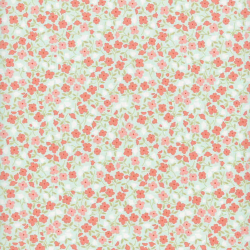 Aqua fabric with a packed design of pink, coral, and white flowers.