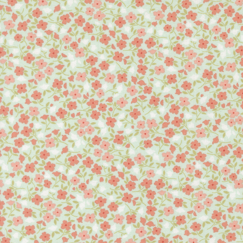 Aqua fabric with a packed design of pink, coral, and white flowers.