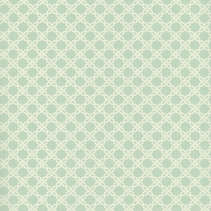 Aqua fabric with a chain-like geometric pattern.