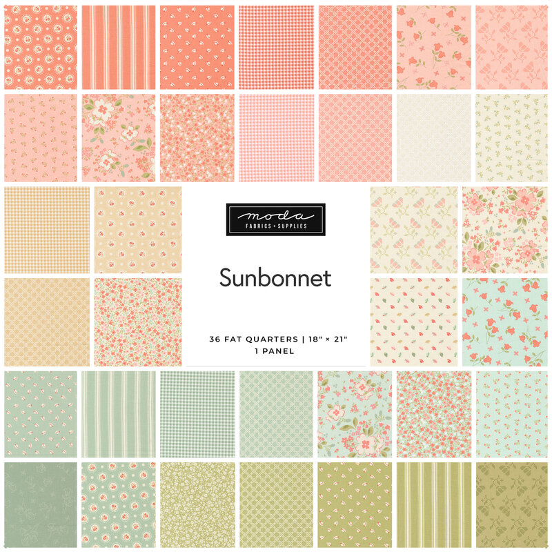 A grid collage of the summer fabrics included in the Sunbonnet Fat Quarter Set.