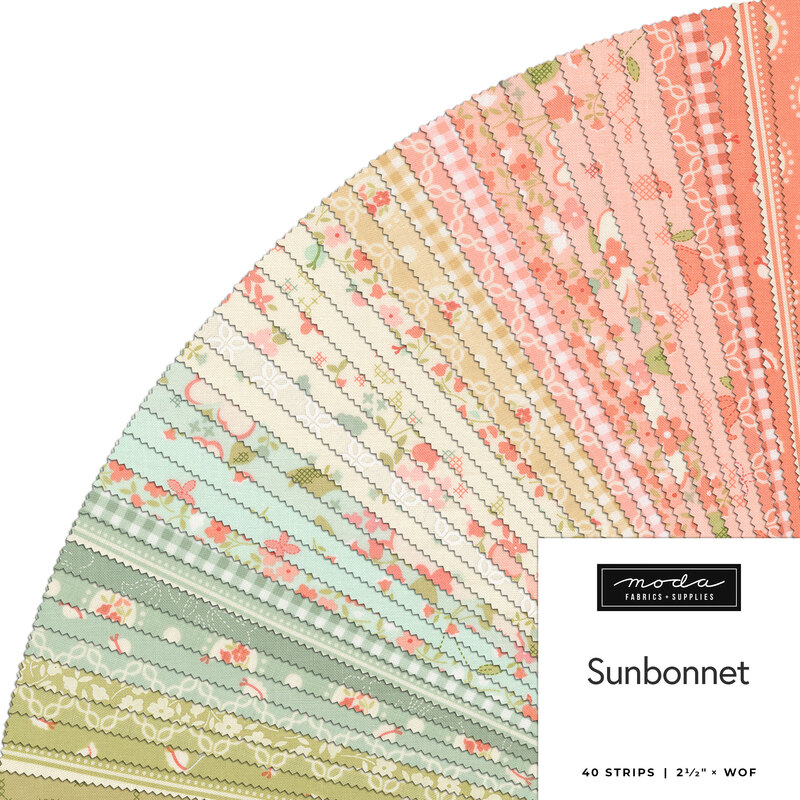 A fanned collage of the summer fabrics included in the Sunbonnet Jelly Roll.