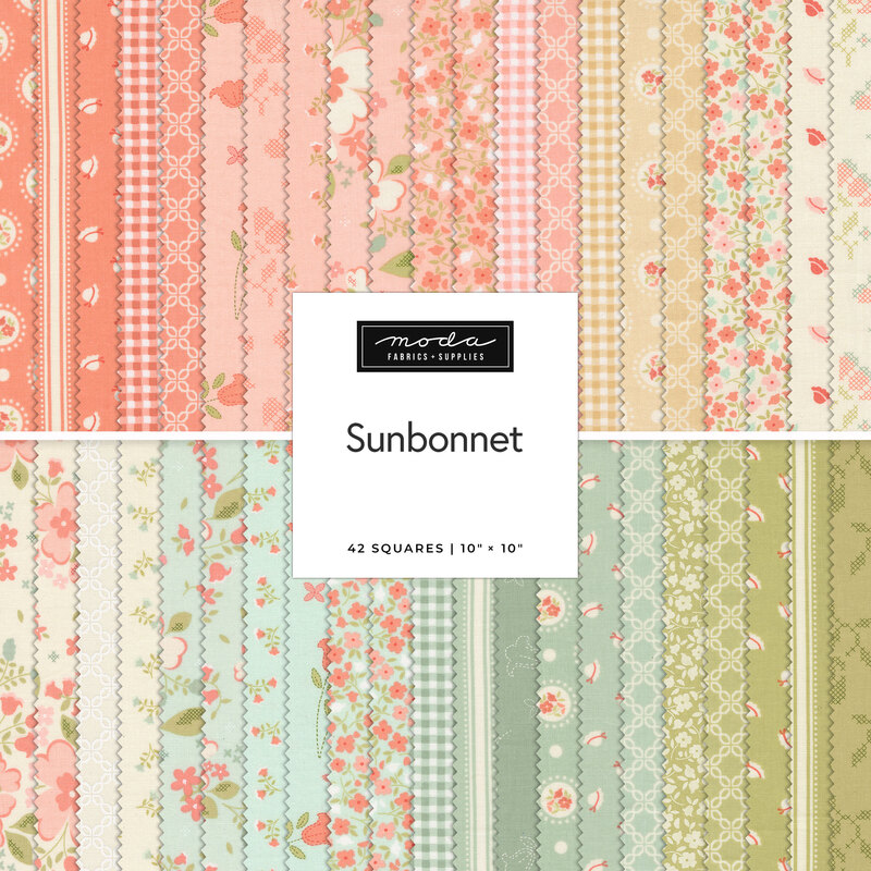 A stacked collage of the summer fabrics included in the Sunbonnet Layer Cake.