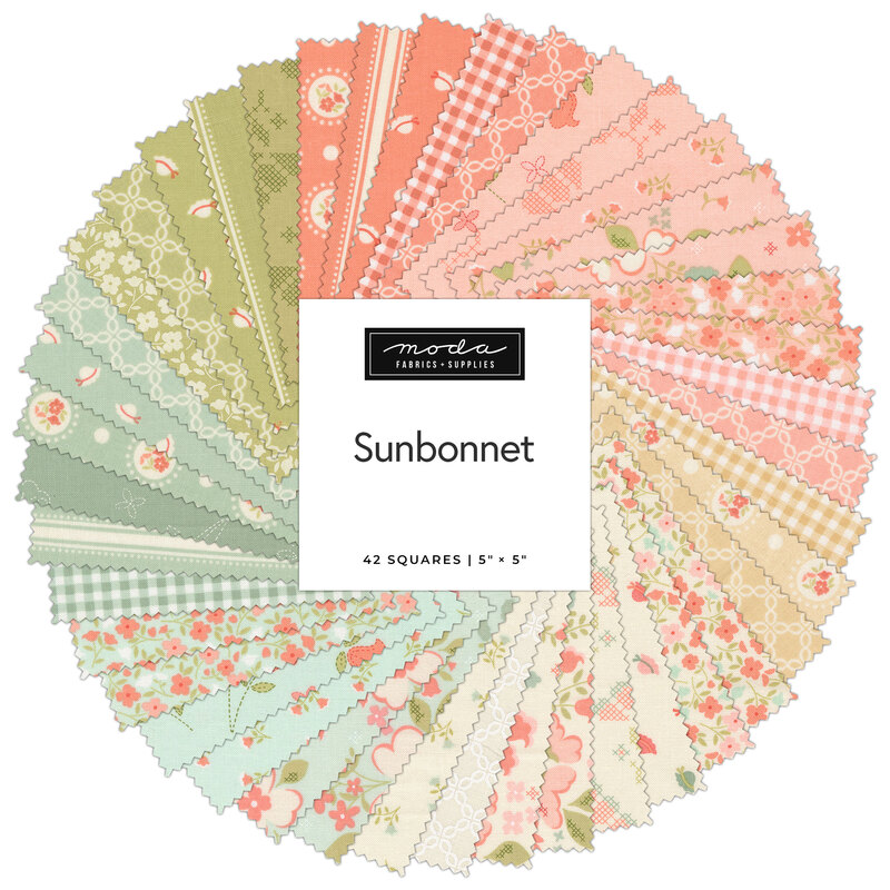 A spiral collage of the summer fabrics included in the Sunbonnet Charm Pack.