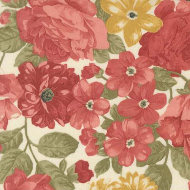 fabric pattern of red penoy's on a cream background 