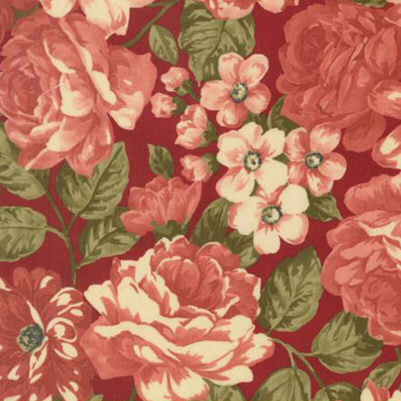 fabric pattern of red penoy's on a deep red background 