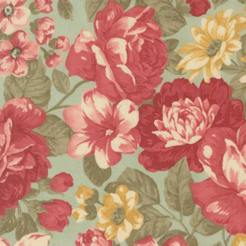 fabric pattern of red penoy's on a light green background 