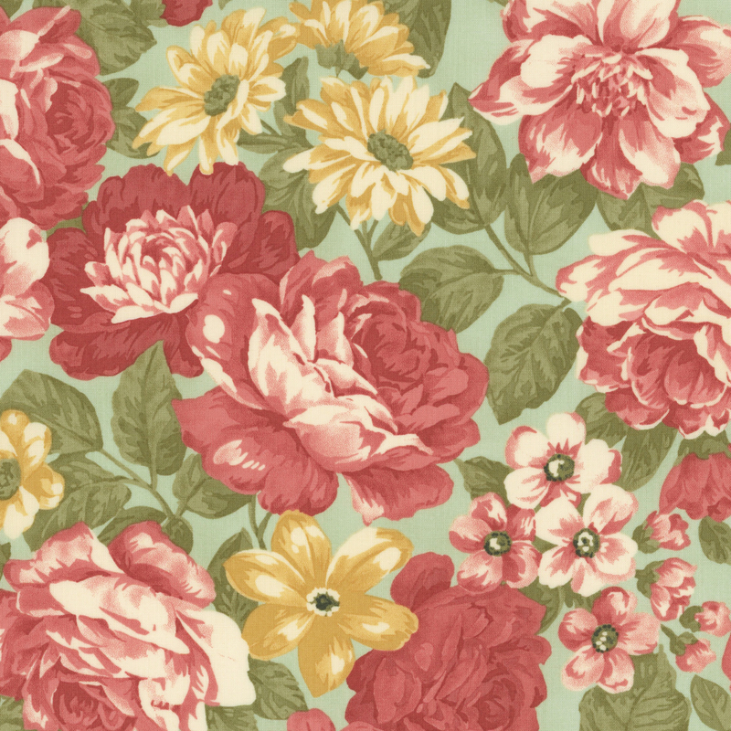 Fabric pattern of red peonies on a light green background.