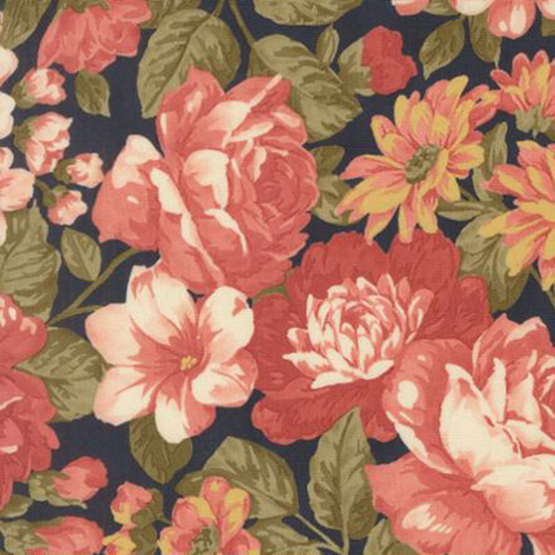 fabric pattern of pink penoy's on a navy background 