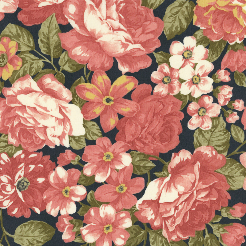 Fabric pattern of pink peonies on a navy background.