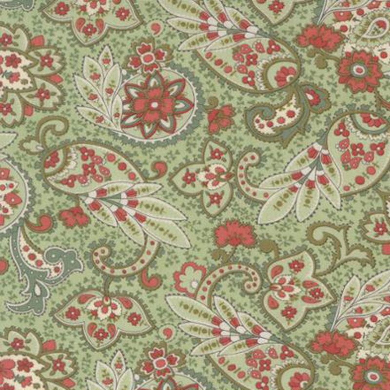 fabric pattern of various paisleys on a light green background