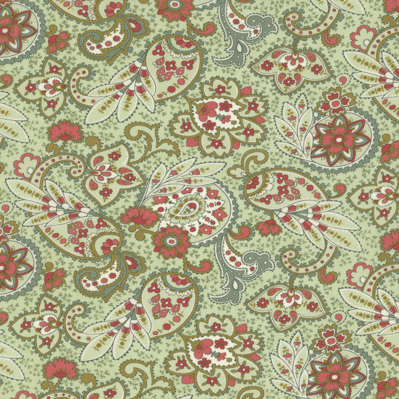 Fabric pattern of various paisley designs on a light green background.