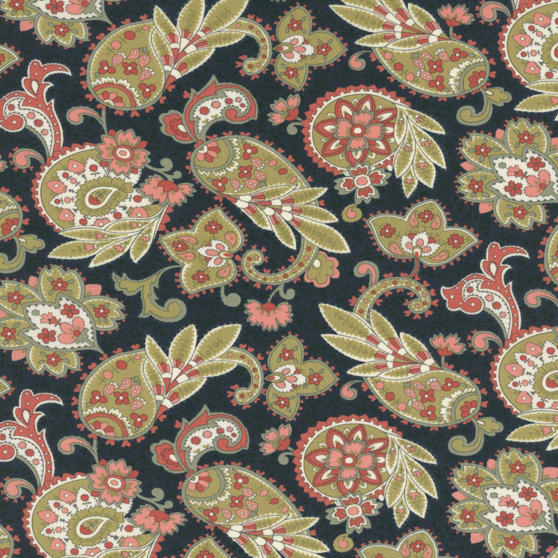 Fabric pattern of various paisley designs on a navy background.