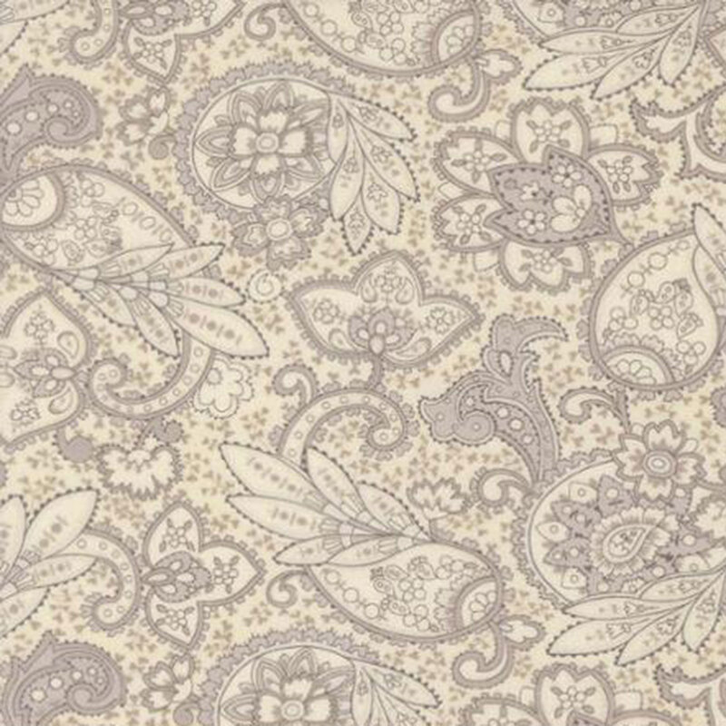 fabric pattern of various gray paisleys on a cream background