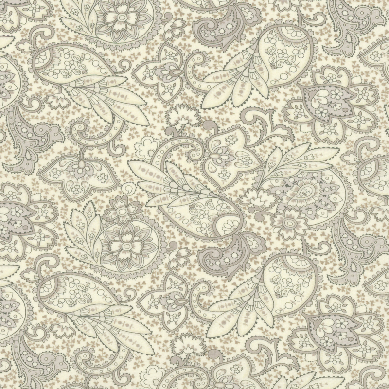 Fabric pattern of various gray paisley designs on a cream background.