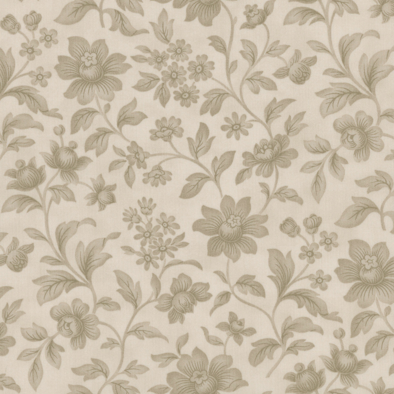 Fabric pattern of florals on a tan background.