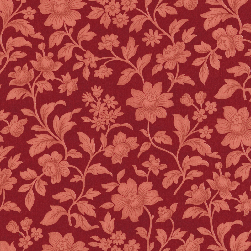 Fabric pattern of florals on a red background.