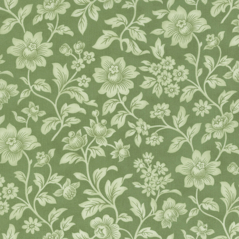 Fabric pattern of florals on a green background.