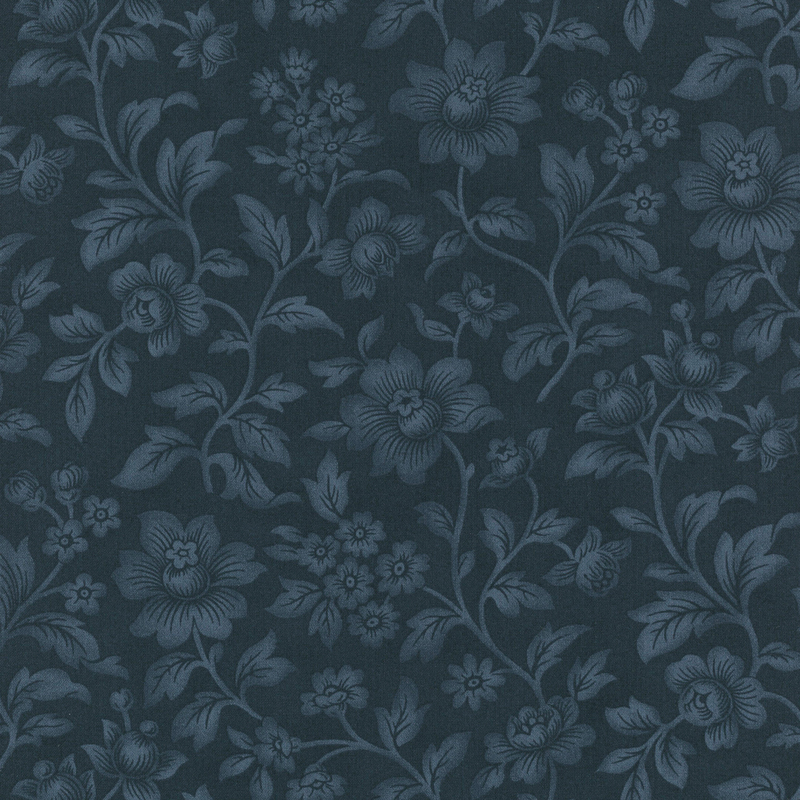 Fabric pattern of florals on a navy background.