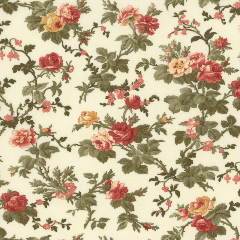 Fabric pattern of floral roses on a cream background.