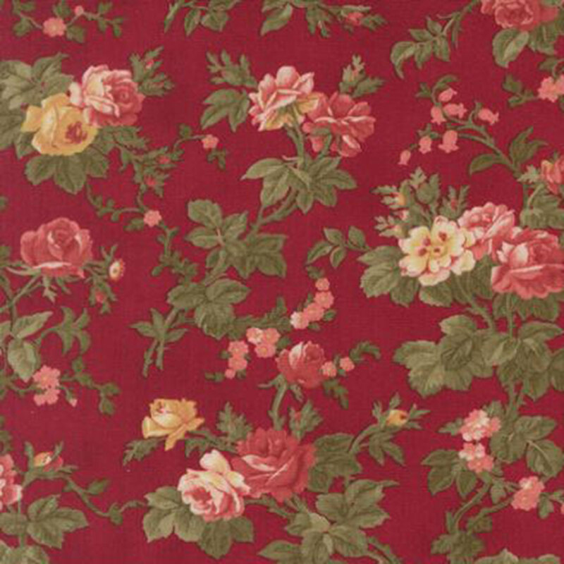 fabric pattern of floral roses on a red background