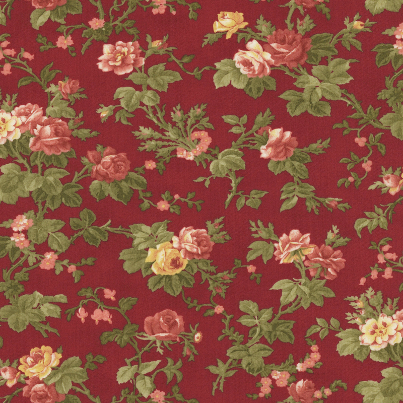 Fabric pattern of floral roses on a red background.