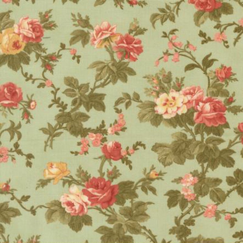 fabric pattern of floral roses on a green background