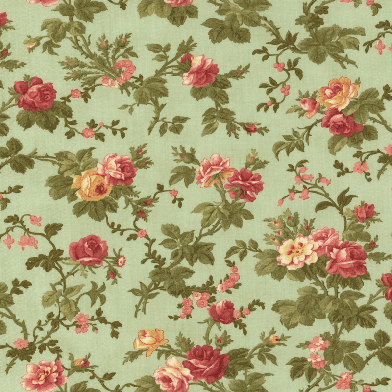 Fabric pattern of floral roses on a light green background.