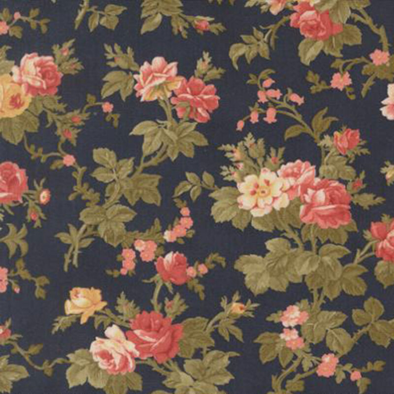 fabric pattern of floral roses on a dark blue background