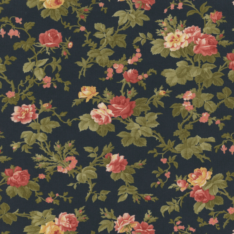 Fabric pattern of floral roses on a dark blue background.