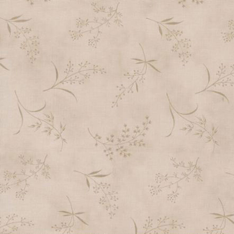 fabric pattern of ditsy leaves and flowers on a taupe background