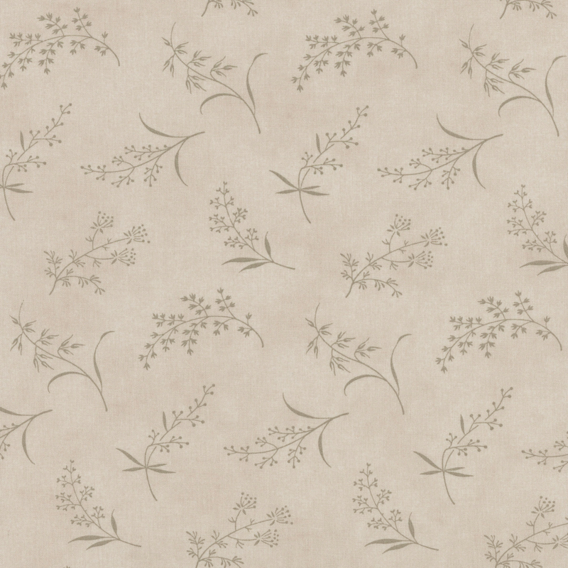 Fabric pattern of ditsy leaves and flowers on a taupe background.