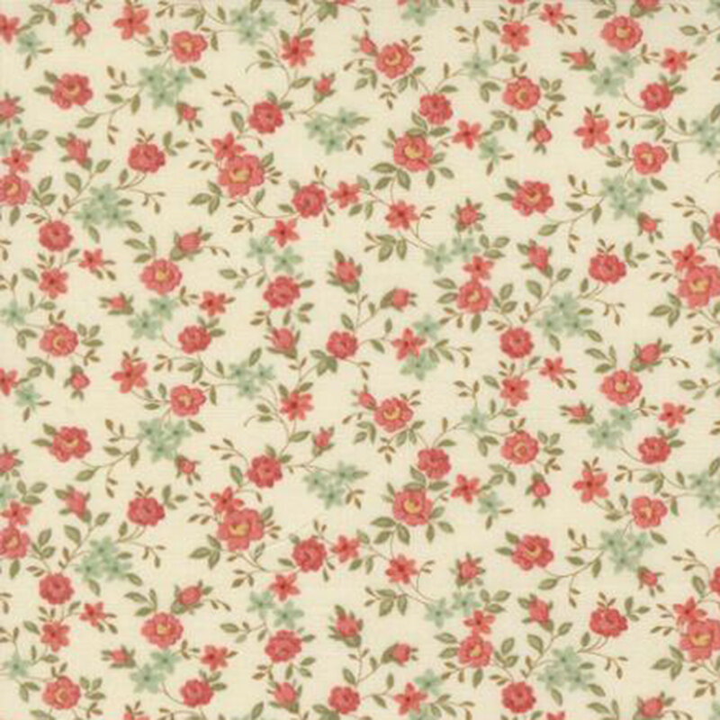 fabric pattern of scattered roses all over a cream background