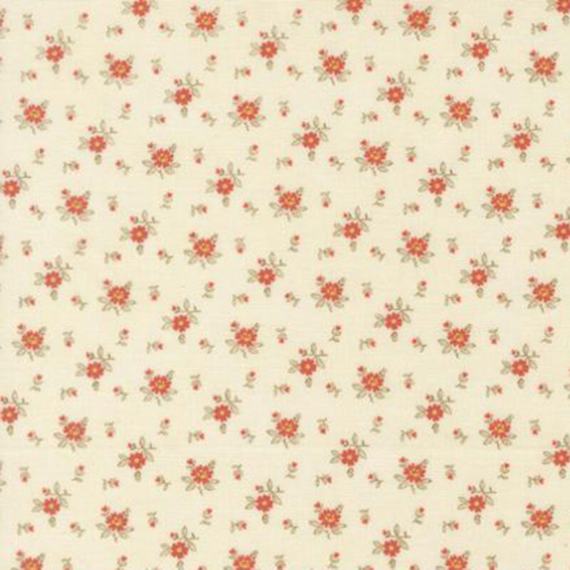 fabric pattern of roses scattered all over a cream background