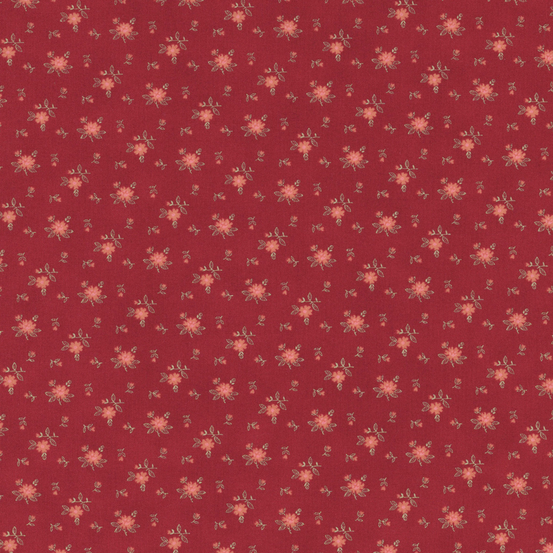 Fabric pattern of roses scattered all over a red background.