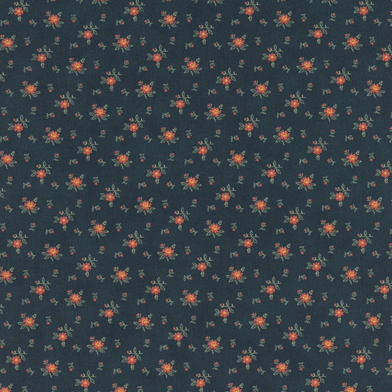 Fabric pattern of roses scattered all over a navy background.