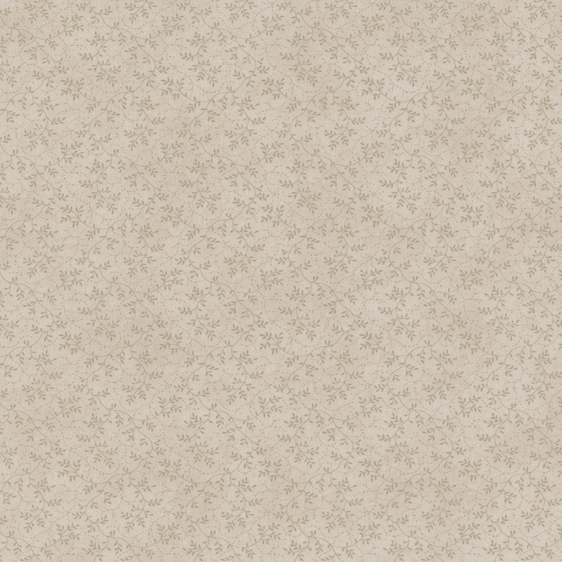 fabric pattern of thin, leafy vines scattered all over a taupe background.