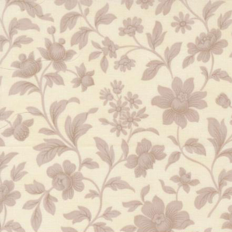 fabric pattern of florals and leaves on a cream background