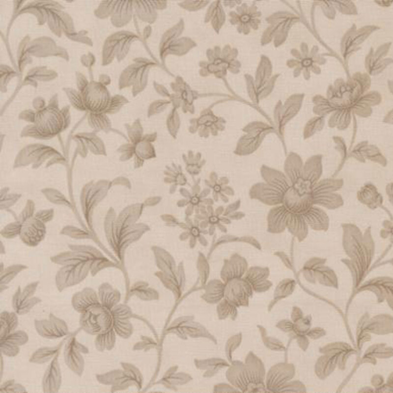 fabric pattern of florals and leaves on a taupe background