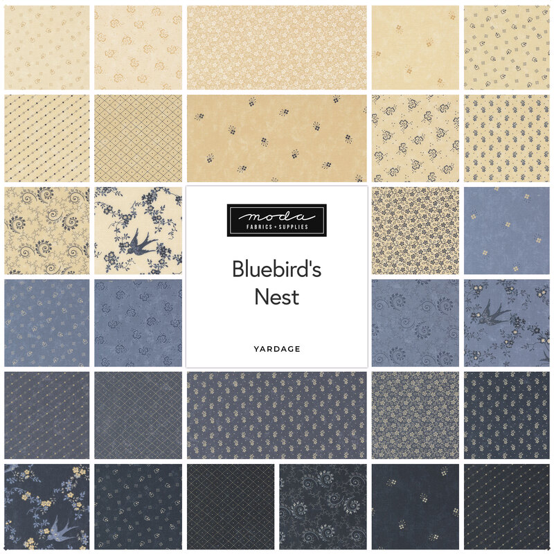 A quilt fabric collection titled Bluebirds Nest, featuring various floral and patterned designs in blue and cream hues.