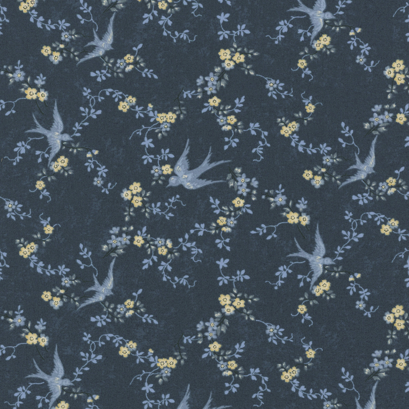 Navy blue fabric with a floral pattern featuring small yellow flowers and blue birds.