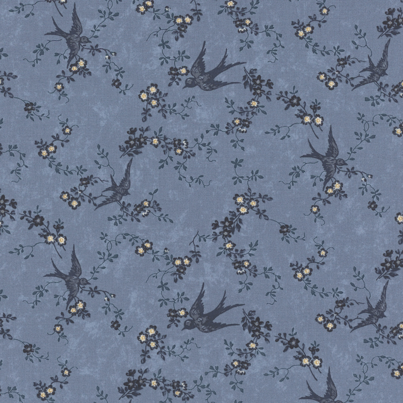 Pattern featuring navy birds and yellow flowers on a textured blue fabric.