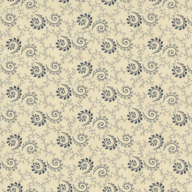 Repeating pattern of dark paisley swirls and floral motifs on a light yellow fabric.