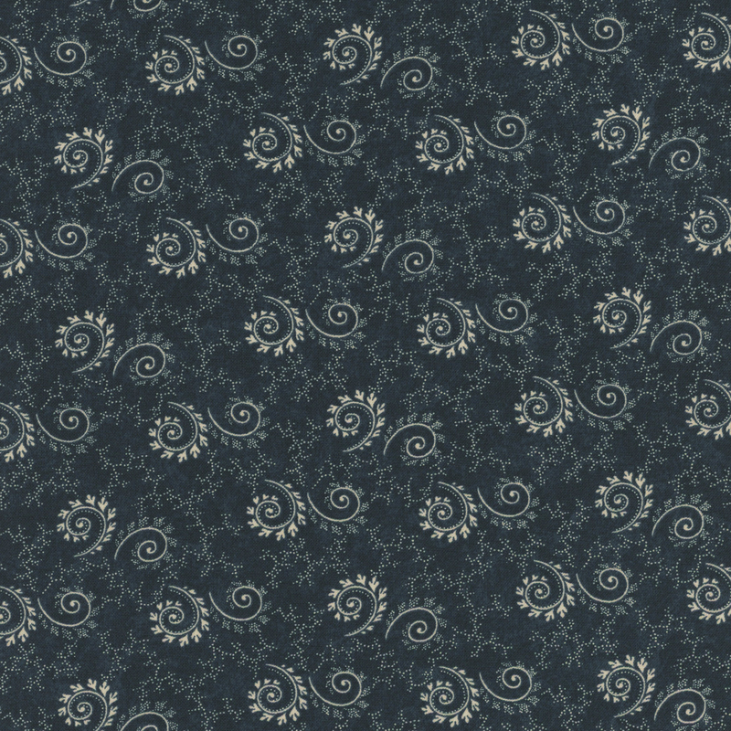 Dark fabric featuring a swirling pattern with intricate white floral designs throughout.