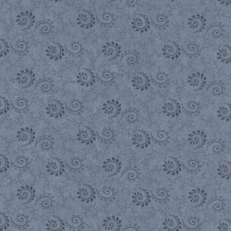 Repeating floral pattern in dark blue on a lighter blue fabric, featuring swirls and leaves.