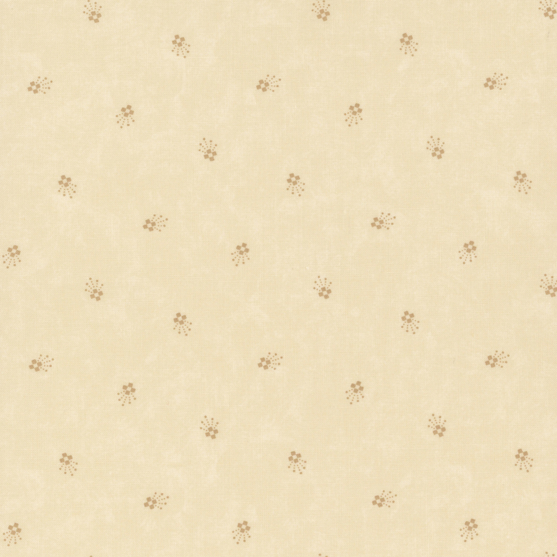 Light beige fabric with a subtle texture, featuring a repeating floral pattern in brown.