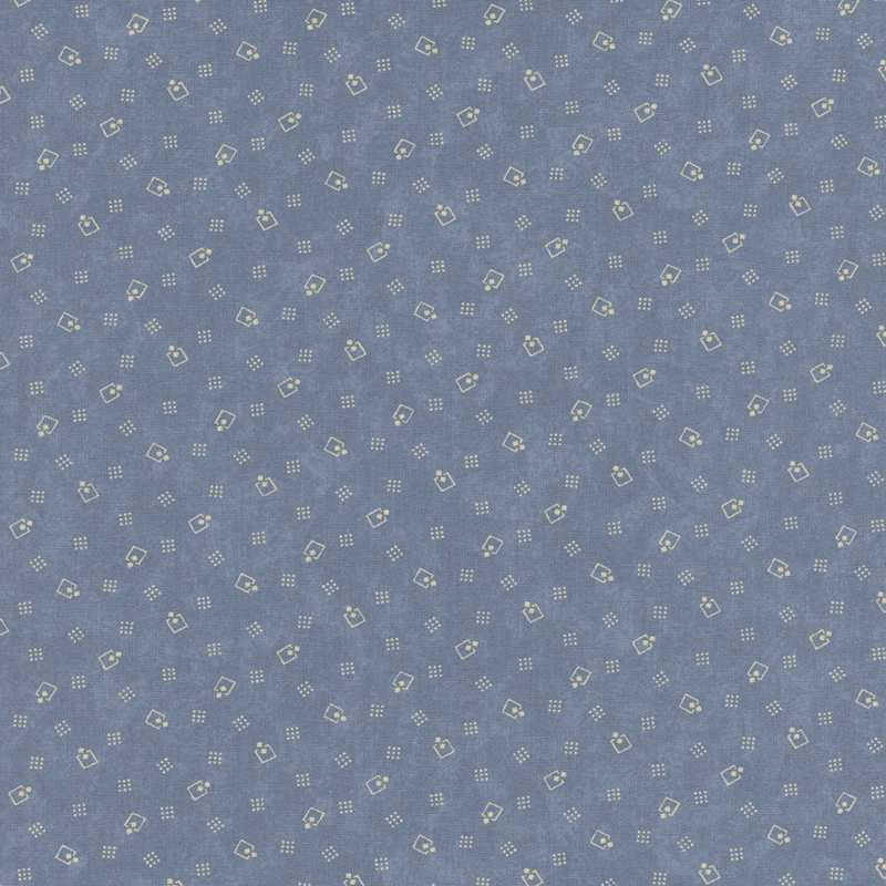 Light blue fabric with a repeating pattern of small white motifs, including geometric shapes and icons.