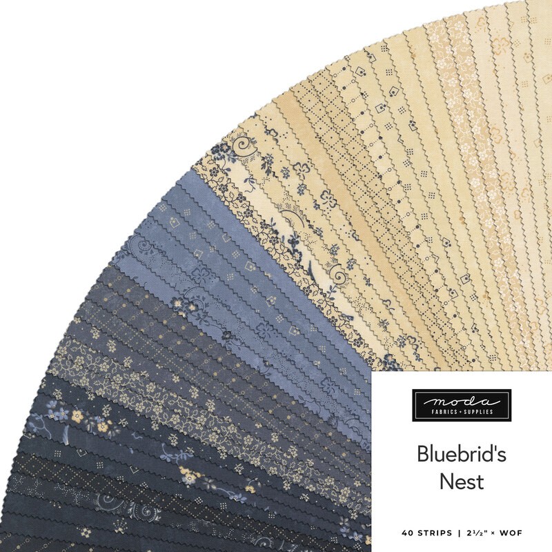 A spiral arrangement of fabric strips in shades of blue, cream, and beige, labeled Bluebird's Nest.