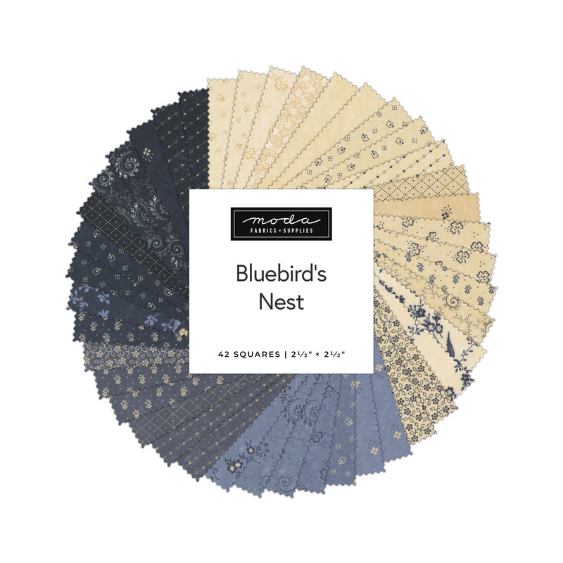 A collection of fabric squares in shades of blue and cream, labeled Bluebirds Nest by Moda.