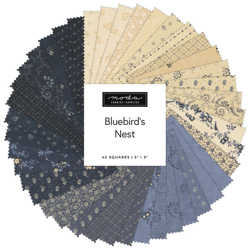 A circular arrangement of fabric squares in navy, beige, and light blue, labeled Bluebirds Nest by Moda.